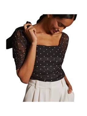 Anthropologie Black Polka Dot Mesh Ruched Puff Sleeve Coquette Top XS